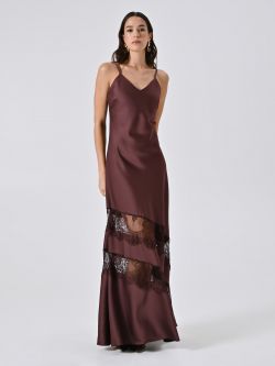 Abito in Raso Marrone con Inserti in Pizzo in_i7
