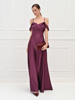 Bordeauxrotes Abendkleid aus Satin mit drapiertem Ausschnitt sp_e1