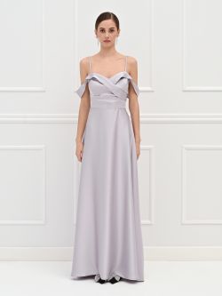 Langes silberfarbenes Abendkleid mit drapiertem Ausschnitt det_1