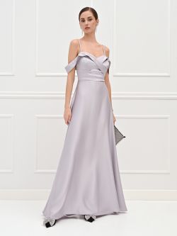Langes silberfarbenes Abendkleid mit drapiertem Ausschnitt sp_e1