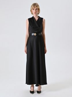 Abito Lungo in Raso Nero con Cintura Design det_1
