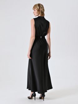 Abito Lungo in Raso Nero con Cintura Design det_3