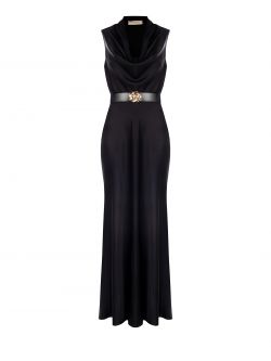 Robe longue en satin noir avec ceinture det_4