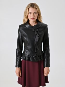Schwarze Jacke aus Kunstleder mit Rüschen und umgeschlagenem Kragen det_2