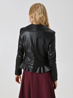 Schwarze Jacke aus Kunstleder mit Rüschen und umgeschlagenem Kragen det_3