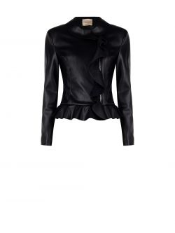 Black Faux Leather Jacket with Ruffles and Turn-down Collar det_4