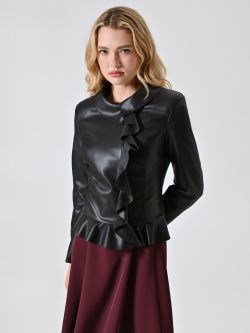 Schwarze Jacke aus Kunstleder mit Rüschen und umgeschlagenem Kragen in_i7