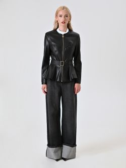 Black Faux Leather Jacket with Peplum det_1