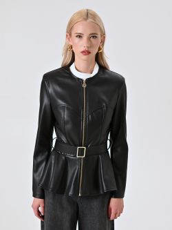 Black Faux Leather Jacket with Peplum det_2
