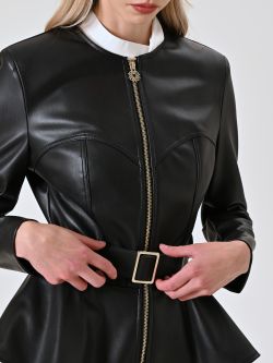 Black Faux Leather Jacket with Peplum in_i5