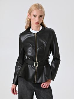 Black Faux Leather Jacket with Peplum in_i7