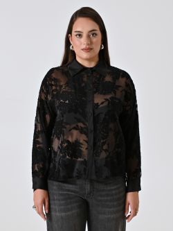 Black Curvy Shirt in Georgette Flower Embroidery det_2
