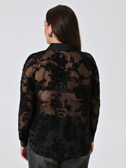 Black Curvy Shirt in Georgette Flower Embroidery det_3