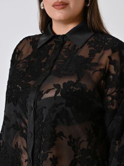 Black Curvy Shirt in Georgette Flower Embroidery in_i5