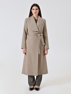 Beige Long Double-Breasted Coat with Wide Lapel det_1