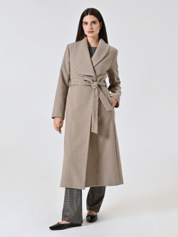 Beige Long Double-Breasted Coat with Wide Lapel in_i7