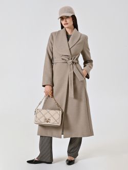 Beige Long Double-Breasted Coat with Wide Lapel sp_e1