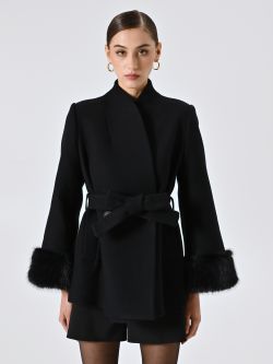 Cappotto Corto Nero misto Lana con Inserti effetto Pelliccia det_2