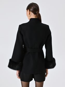 Cappotto Corto Nero misto Lana con Inserti effetto Pelliccia det_3