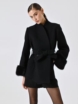 Cappotto Corto Nero misto Lana con Inserti effetto Pelliccia in_i7