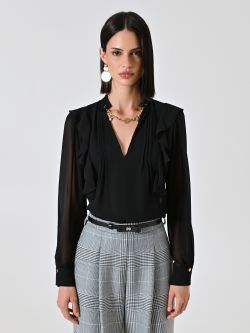 Bluse in Schwarz mit Rüschen und Goldkette det_2