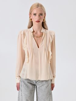 Light Beige Blouse with Ruffles and Gold Chain det_2