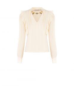 Bluse in Hellbeige mit Rüschen und Goldkette det_4