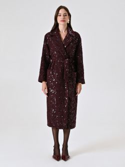 Maxi Burgundy Coat in Bouclé Wool and Sequins det_1
