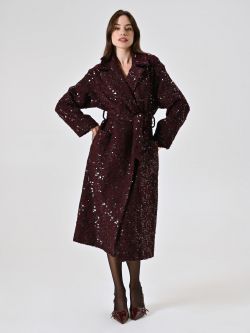 Maxi Burgundy Coat in Bouclé Wool and Sequins in_i7