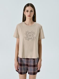 T-Shirt Beige con Ricamo in Rilievo det_2