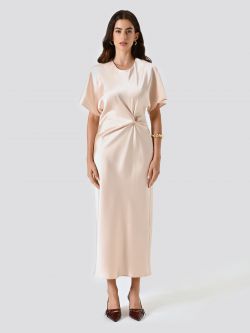Beige Satin Dress with Knot det_1