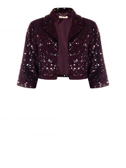 Curvy Short Coat in Burgundy Bouclé Fabric with Sequins det_4