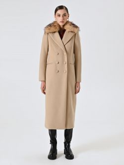 Manteau maxi couleur camel avec col en fourrure det_1