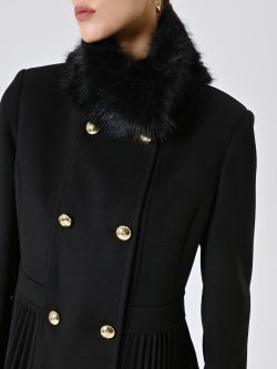 Cappotto Nero Plissé con Collo in Pelliccia in_i5