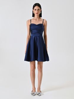 Kleid mit Tellerrock in Blau mit drapiertem Ausschnitt det_1