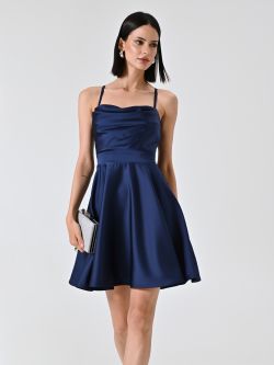 Kleid mit Tellerrock in Blau mit drapiertem Ausschnitt sp_e1