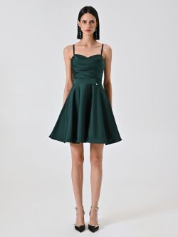 Kleid mit Tellerrock in Grün mit drapiertem Ausschnitt det_1