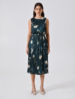 Robe plissée verte imprimé fleuri det_1