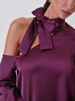Asymmetrical Burgundy Blouse with Bow in_i5