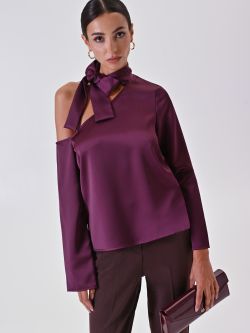 Asymmetrical Burgundy Blouse with Bow sp_e1