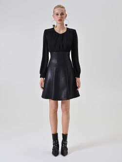 Black Contrast-Fabric Puff Sleeve Mini Dress det_1