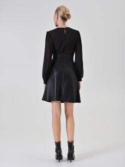 Black Contrast-Fabric Puff Sleeve Mini Dress det_3