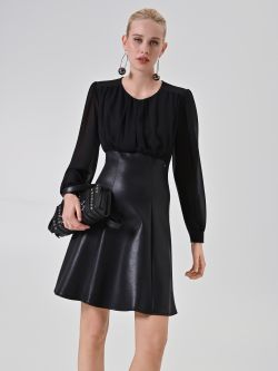 Black Contrast-Fabric Puff Sleeve Mini Dress sp_e1