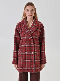 Burgundy Check Double-Breasted Coat det_2