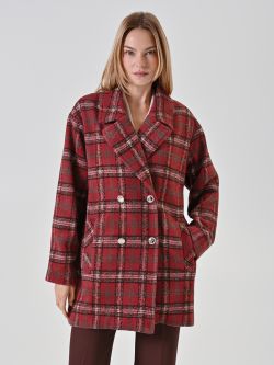 Burgundy Check Double-Breasted Coat in_i7
