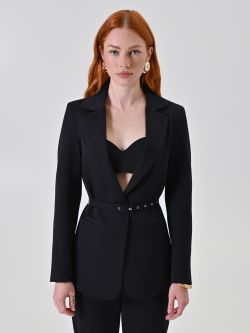 Taillierter schwarzer Blazer mit Gürtel det_2