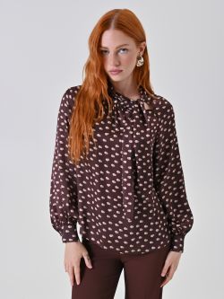 Chocolate Printed Satin Blouse with Draped Neckline in_i7