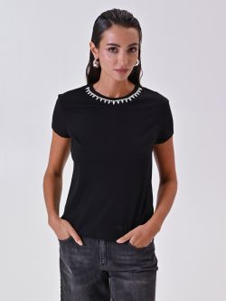 T-Shirt Nera con Girocollo Strass in_i7