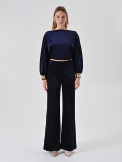 Navy Blue Lurex Straight-Leg Trousers det_1