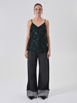 Green Sequin-Embellished Camisole Top det_1